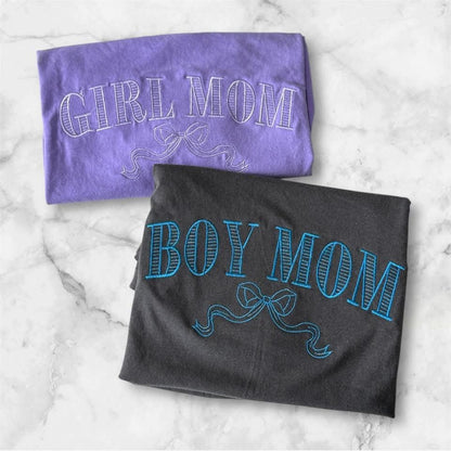 Girl Mom / Boy Mom/Mama of Both Embroidered Tee – Vintage Outline Script with Bow Detail | Custom Mama Shirt