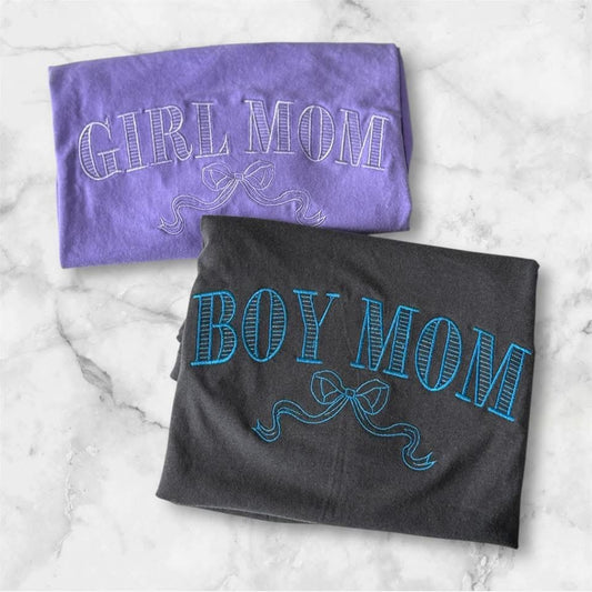 Girl Mom / Boy Mom/Mama of Both Embroidered Tee – Vintage Outline Script with Bow Detail | Custom Mama Shirt
