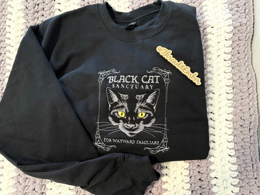 Black Cat Sanctuary Embroidered Crewneck or Tee | Witchy Black Cat Sweatshirt | Gothic Familiar Embroidery | Cat Lover Gift
