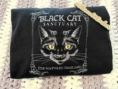 Black Cat Sanctuary Embroidered Crewneck or Tee | Witchy Black Cat Sweatshirt | Gothic Familiar Embroidery | Cat Lover Gift