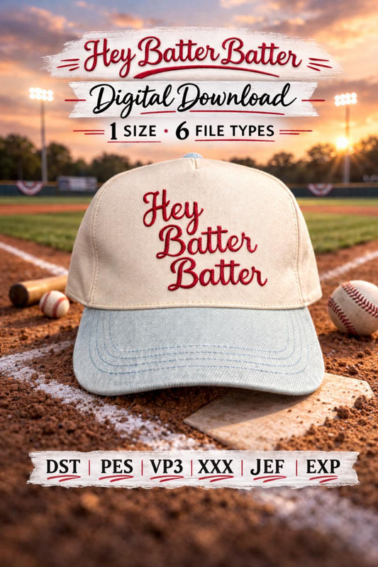 Hey Batter Batter Embroidery Design | Baseball Hat Embroidery File | Snapback Cap Design | Instant Download | Machine Embroidery