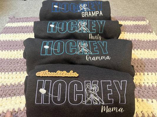 Personalized Hockey Crewneck Sweatshirt | Custom Hockey Mom Grandpa Grandma Shirt | Hockey Family Sweatshirt | Embroidered Hockey Crew