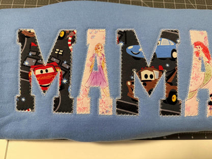Custom Mama Appliqué Sweatshirt  Little Sleepies Fabric  Personalized Mama Crewneck  Disney Inspired Bamboo Fabric Sweatshirt  Handmade