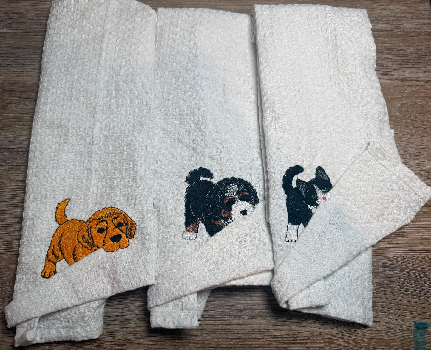 Playful Pet Embroidered Tea Towel | Custom Dog & Cat Kitchen Towel | Waffle Weave Cotton Dish Towel | Animal Lover Gift |