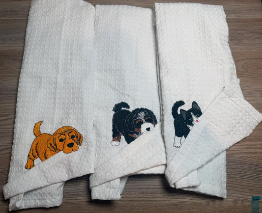 Playful Pet Embroidered Tea Towel | Custom Dog & Cat Kitchen Towel | Waffle Weave Cotton Dish Towel | Animal Lover Gift |