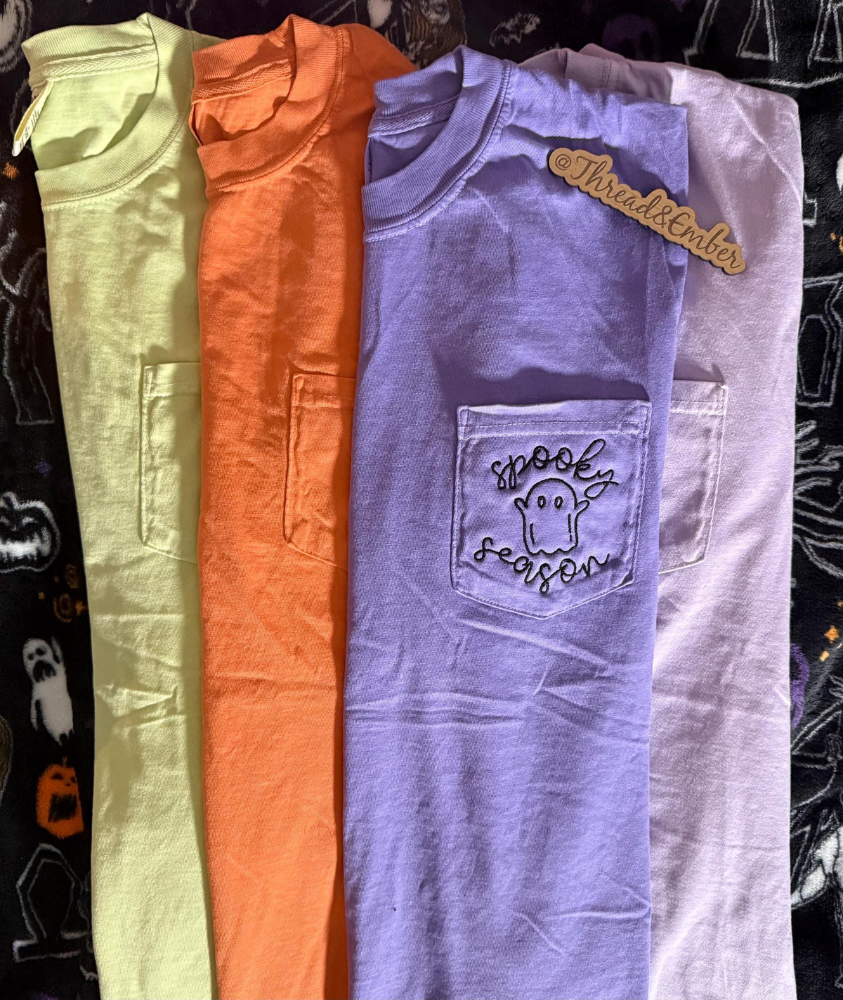 Spooky Season Ghost Pocket T-Shirt | Embroidered Halloween Comfort Colors Tee | Cute Fall Ghost Shirt | Minimalist Halloween Pocket Tee |
