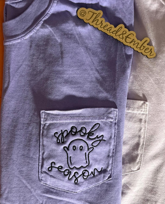 Spooky Season Ghost Pocket T-Shirt | Embroidered Halloween Comfort Colors Tee | Cute Fall Ghost Shirt | Minimalist Halloween Pocket Tee |