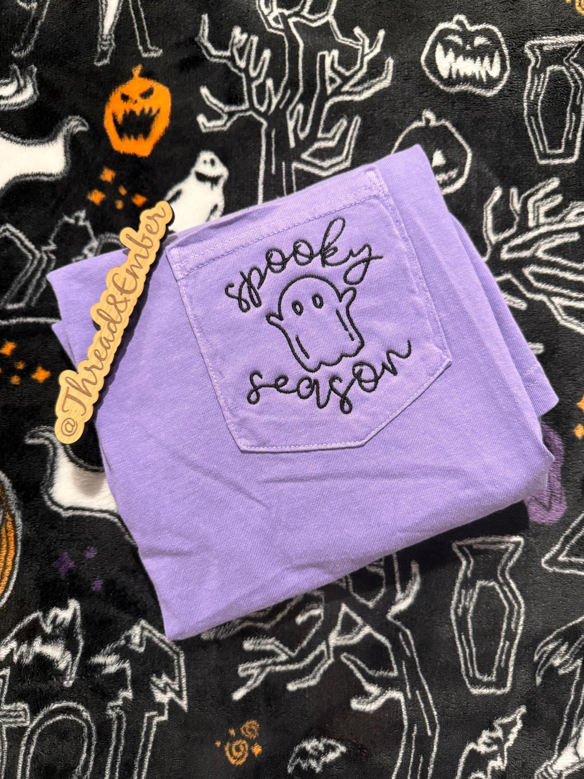 Spooky Season Ghost Pocket T-Shirt | Embroidered Halloween Comfort Colors Tee | Cute Fall Ghost Shirt | Minimalist Halloween Pocket Tee |