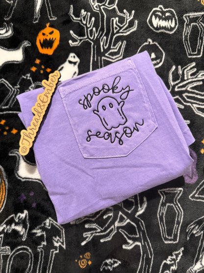 Spooky Season Ghost Pocket T-Shirt | Embroidered Halloween Comfort Colors Tee | Cute Fall Ghost Shirt | Minimalist Halloween Pocket Tee |